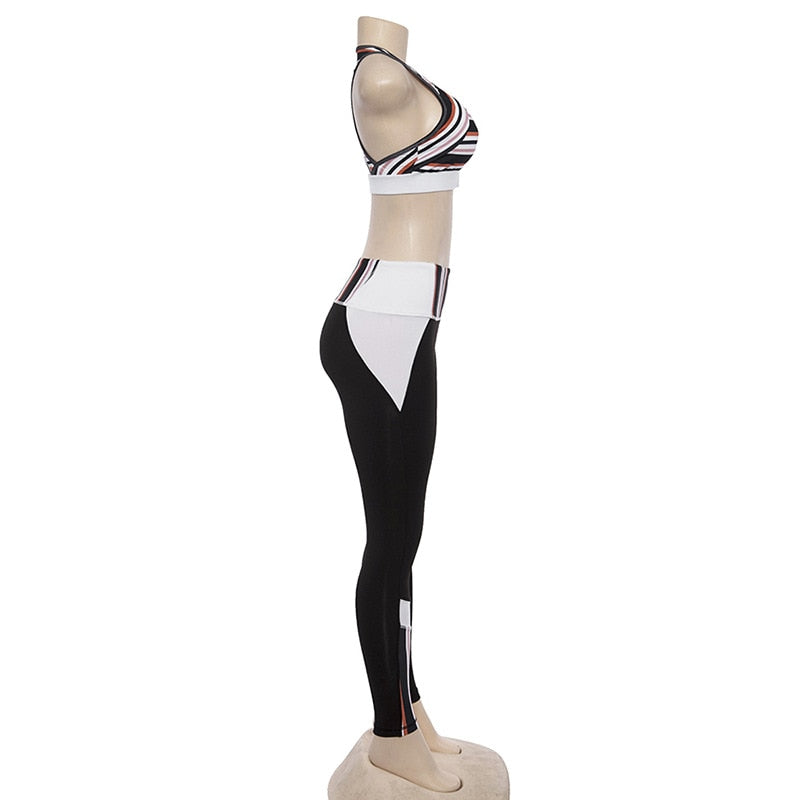 Women Striped Yoga Gym Set Fashion Outdoor Fitness Workout Set Casual Tank Crop Top Leggings Sports  Shaping Two Piece Set-3