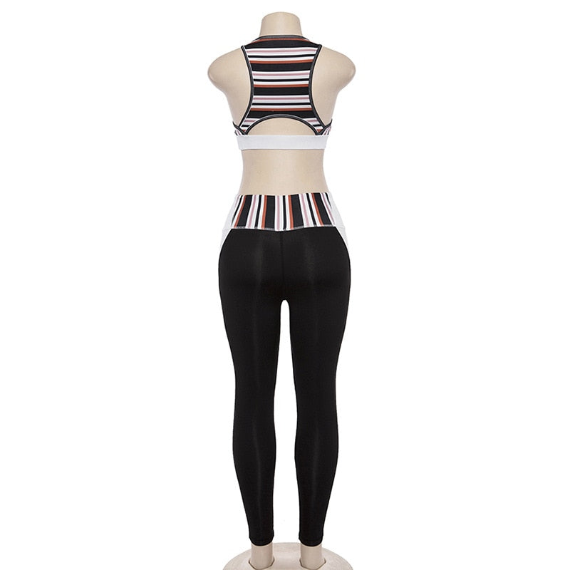 Women Striped Yoga Gym Set Fashion Outdoor Fitness Workout Set Casual Tank Crop Top Leggings Sports  Shaping Two Piece Set-4