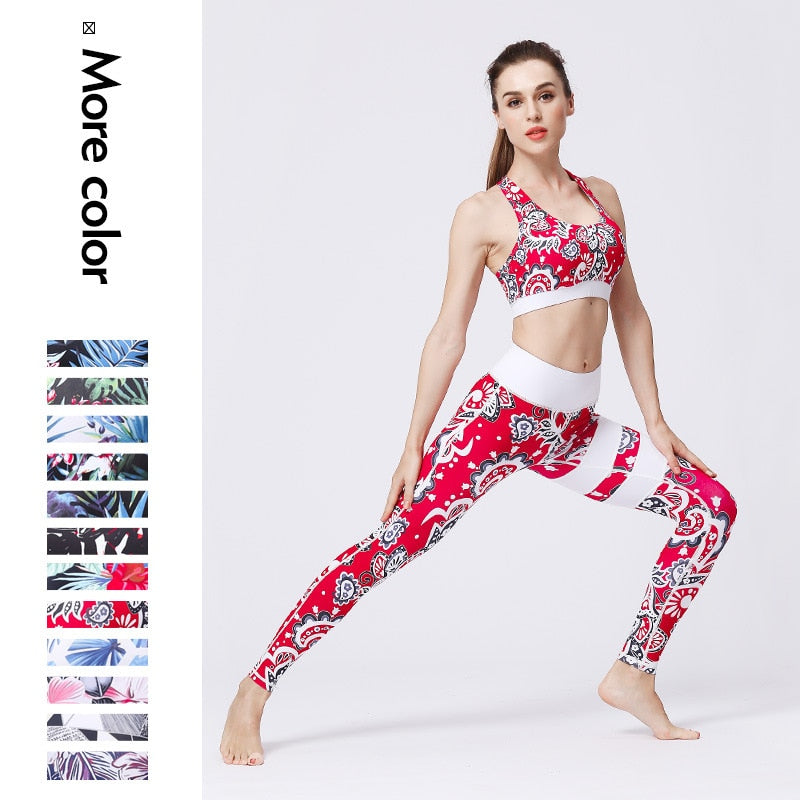 Seamless Print Yoga Set Gym Clothing Tank Crop Top Leggings Suit Push Up Workout Training Jogging Casual High Elastic Tracksuit - GilloServ