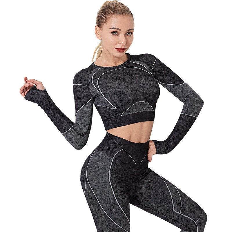 Seamless Striped Yoga Set Gym Clothes Long Sleeve - GilloServ