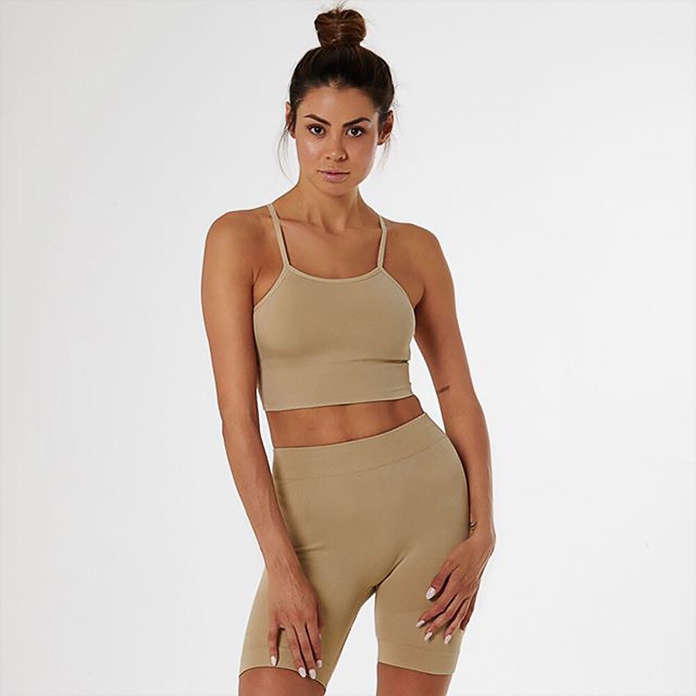 Sportswear Seamless Solid Yoga Suit Women Gym Clothes Cami Crop Top High Waist Shorts Tracksuit Fitness Workout Outdoor Set - GilloServ