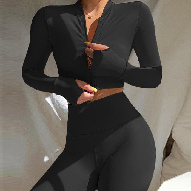 Autumn Seamless Solid Yoga Set Fashion Long Sleeve Crop - GilloServ