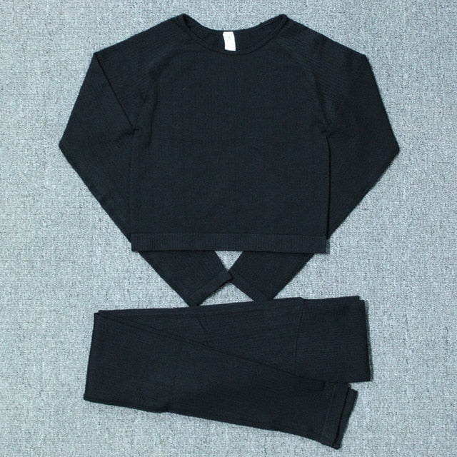 Seamless Yoga Set Women Gym Clothes Solid Long Sleeve - GilloServ