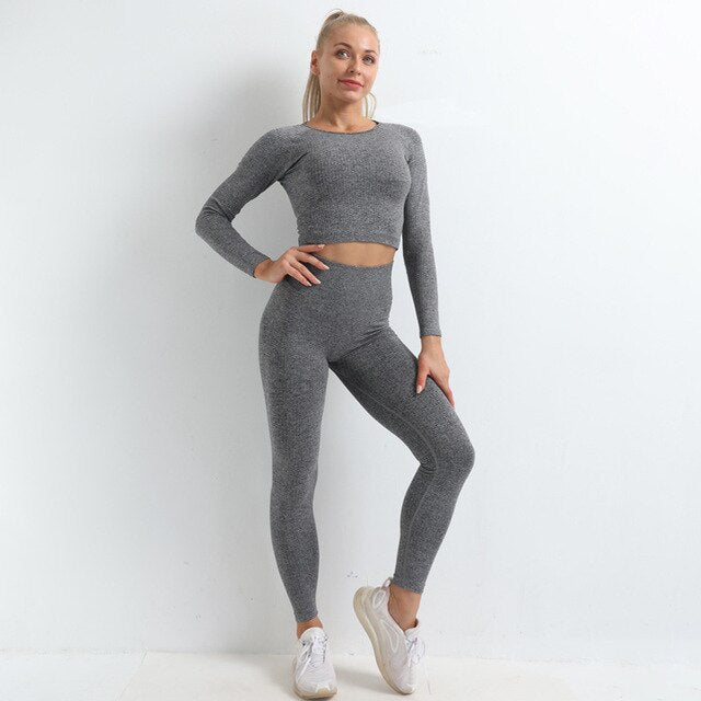 Seamless Yoga Set Women Gym Clothes Solid Long Sleeve - GilloServ