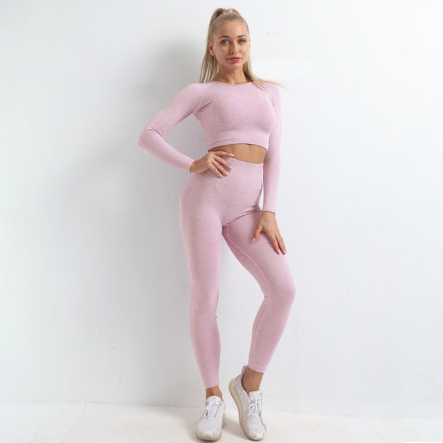 Seamless Yoga Set Women Gym Clothes Solid Long Sleeve - GilloServ