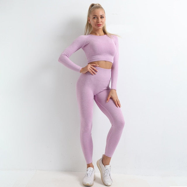 Seamless Yoga Set Women Gym Clothes Solid Long Sleeve - GilloServ
