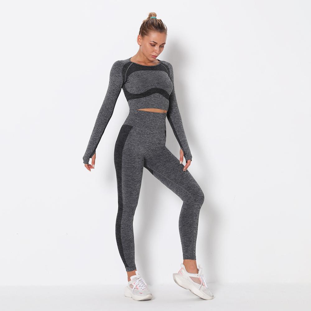 Seamless Patchwork Yoga Set Gym Clothing Fashion Long Sleeve Top Leggings Suit Push Up Workout Training Running Sports Tracksuit - GilloServ