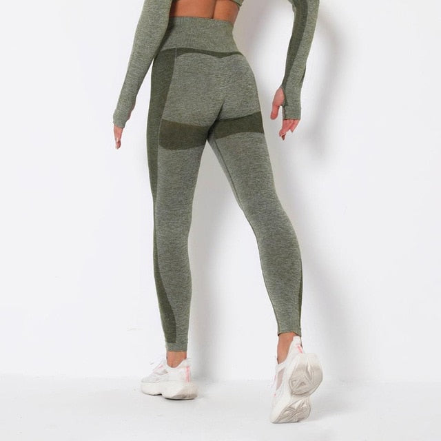 Seamless Patchwork Yoga Set Gym Clothing Fashion Long Sleeve Top Leggings Suit Push Up Workout Training Running Sports Tracksuit - GilloServ