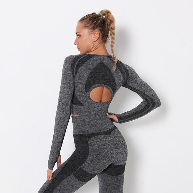 Seamless Patchwork Yoga Set Gym Clothing Fashion Long Sleeve Top Leggings Suit Push Up Workout Training Running Sports Tracksuit - GilloServ