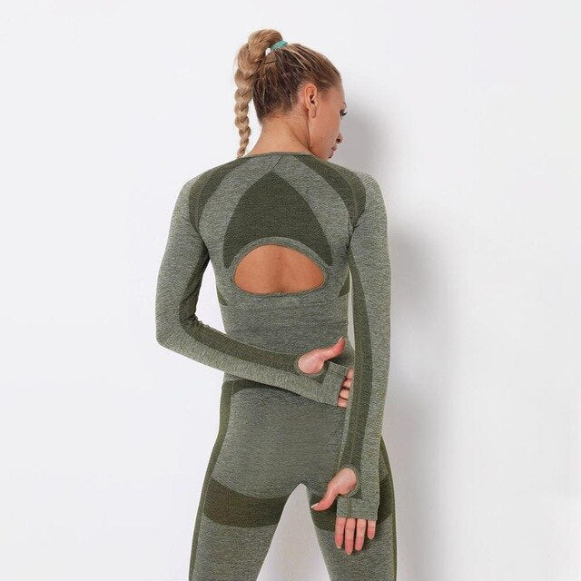 Seamless Patchwork Yoga Set Gym Clothing Fashion Long Sleeve Top Leggings Suit Push Up Workout Training Running Sports Tracksuit - GilloServ