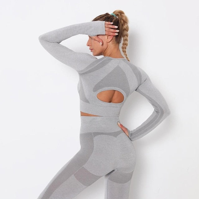 Seamless Patchwork Yoga Set Gym Clothing Fashion Long Sleeve Top Leggings Suit Push Up Workout Training Running Sports Tracksuit - GilloServ
