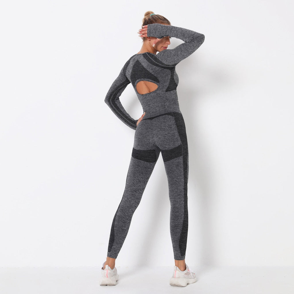 Seamless Patchwork Yoga Set Gym Clothing Fashion Long Sleeve Top Leggings Suit Push Up Workout Training Running Sports Tracksuit - GilloServ