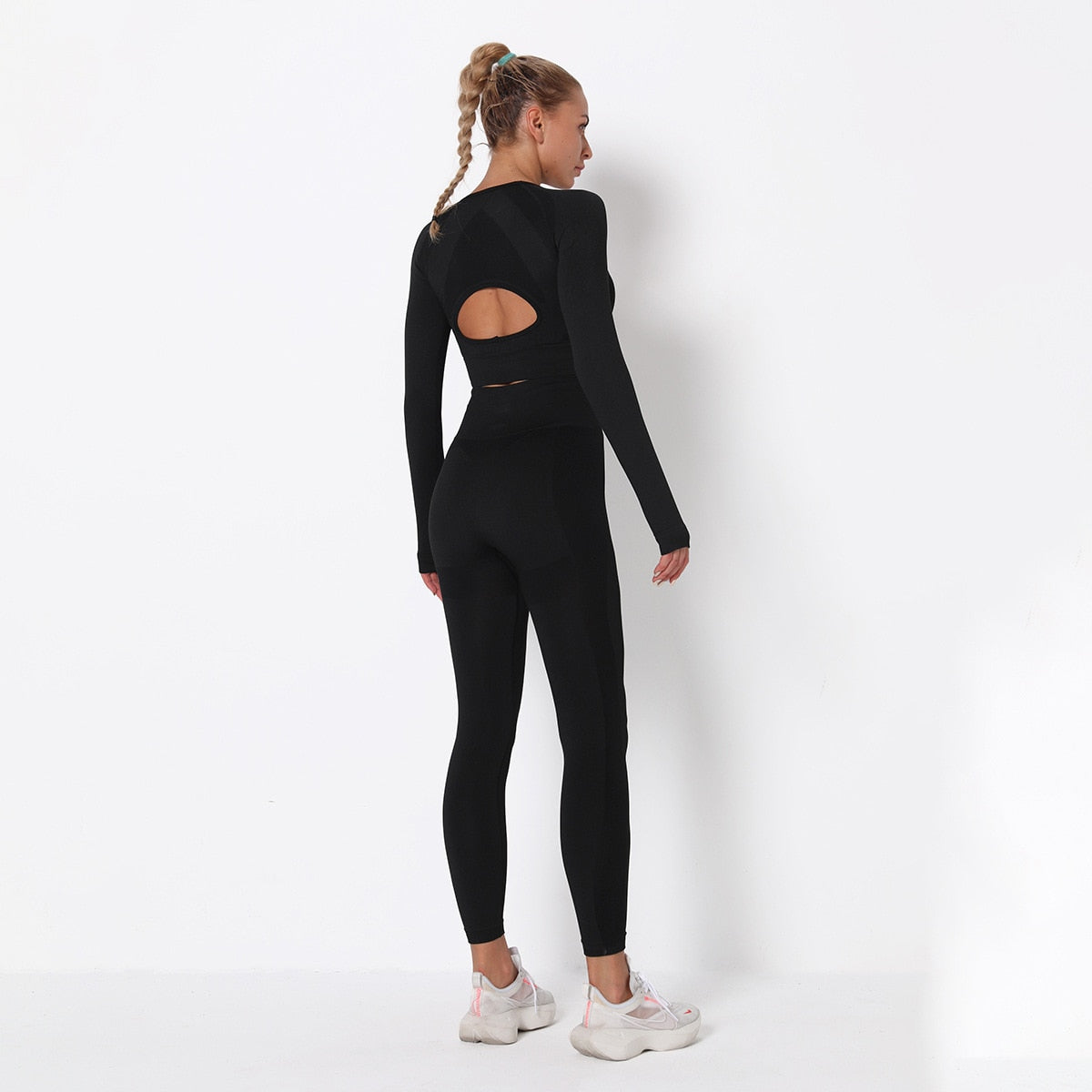Seamless Patchwork Yoga Set Gym Clothing Fashion Long Sleeve Top Leggings Suit Push Up Workout Training Running Sports Tracksuit - GilloServ