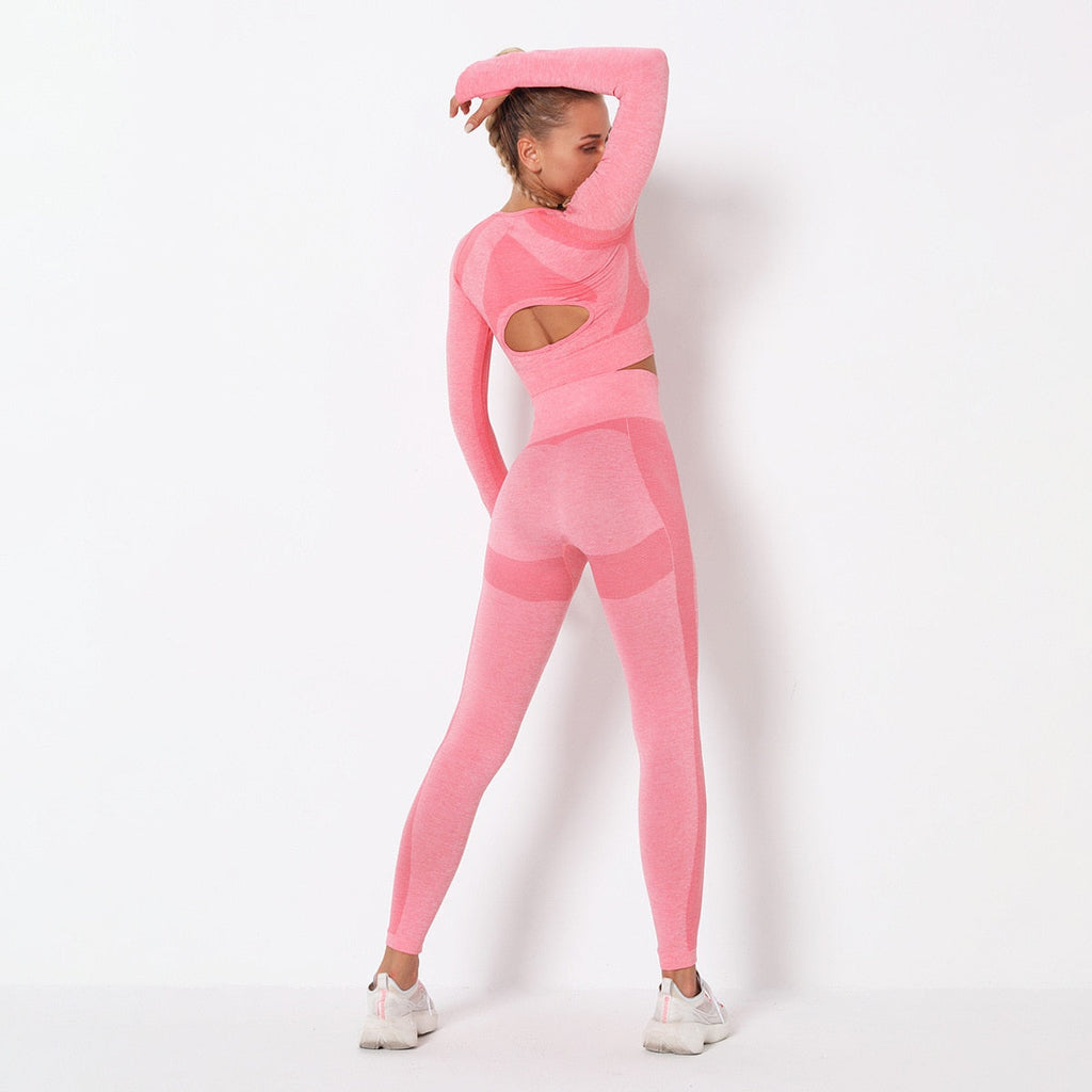Seamless Patchwork Yoga Set Gym Clothing Fashion Long Sleeve Top Leggings Suit Push Up Workout Training Running Sports Tracksuit - GilloServ