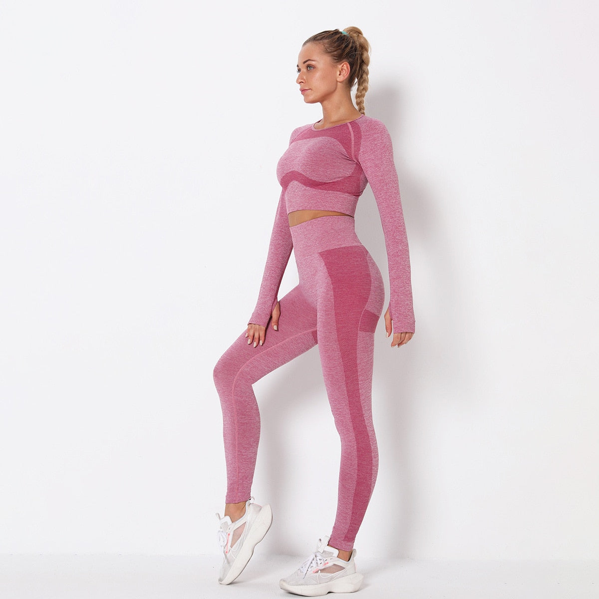 Seamless Patchwork Yoga Set Gym Clothing Fashion Long Sleeve Top Leggings Suit Push Up Workout Training Running Sports Tracksuit - GilloServ