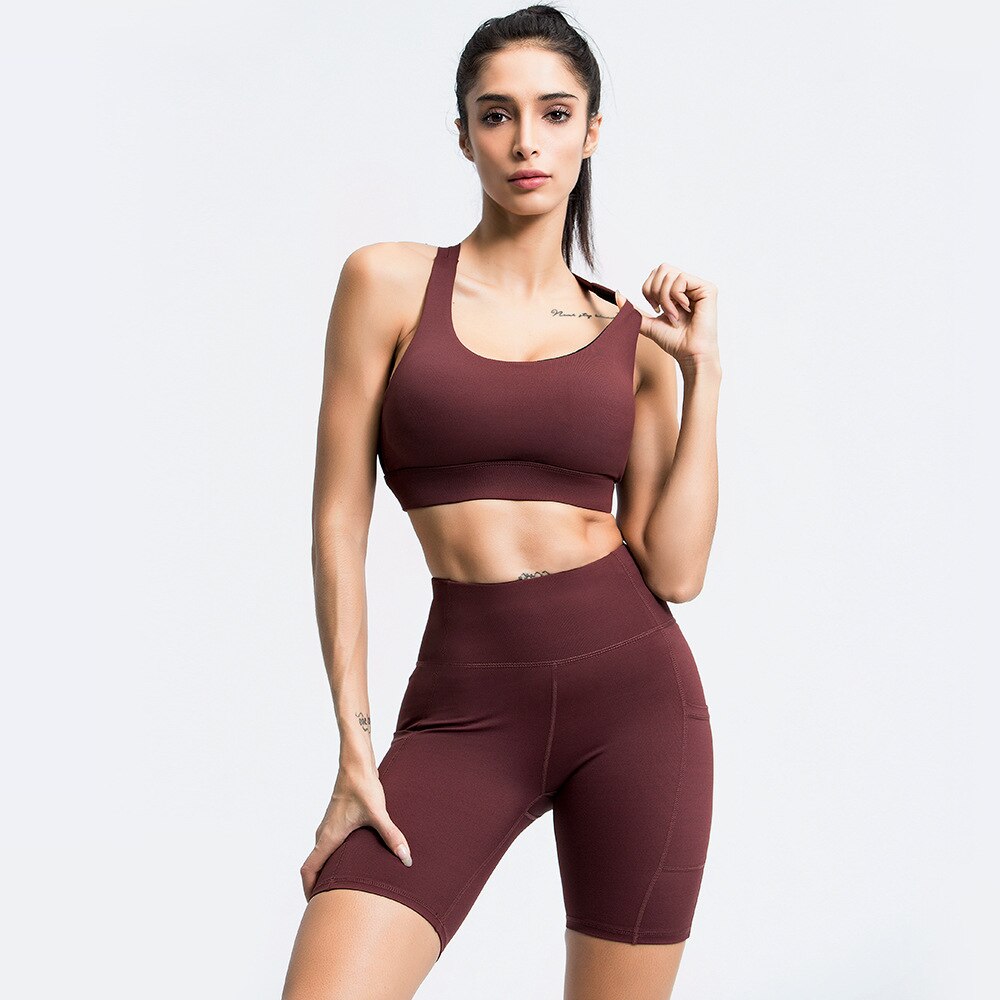 Seamless Yoga Set Gym Sports Tracksuit Bra Crop Top Shorts With Pockets Outfits Fashion Workout Push Up Training Bodycon Suit - GilloServ