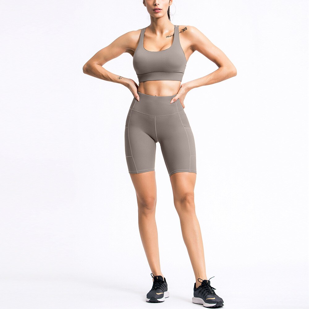 Seamless Yoga Set Gym Sports Tracksuit Bra Crop Top Shorts With Pockets Outfits Fashion Workout Push Up Training Bodycon Suit - GilloServ
