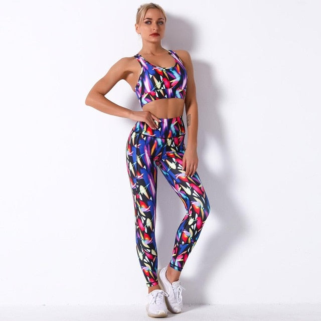 Seamless Floral Print Gym Yoga Set Fashion Fitness Vest Crop Top Leggings Suit Push Up Workout Training Running Energy Clothing - GilloServ