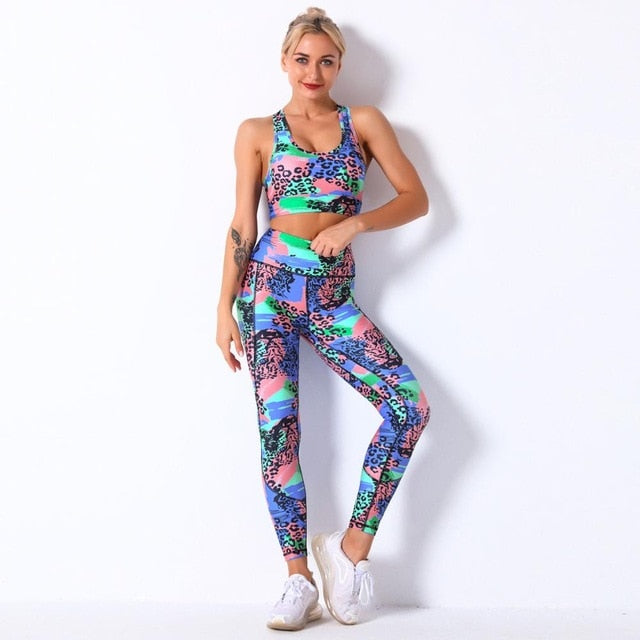 Seamless Floral Print Gym Yoga Set Fashion Fitness Vest Crop Top Leggings Suit Push Up Workout Training Running Energy Clothing - GilloServ