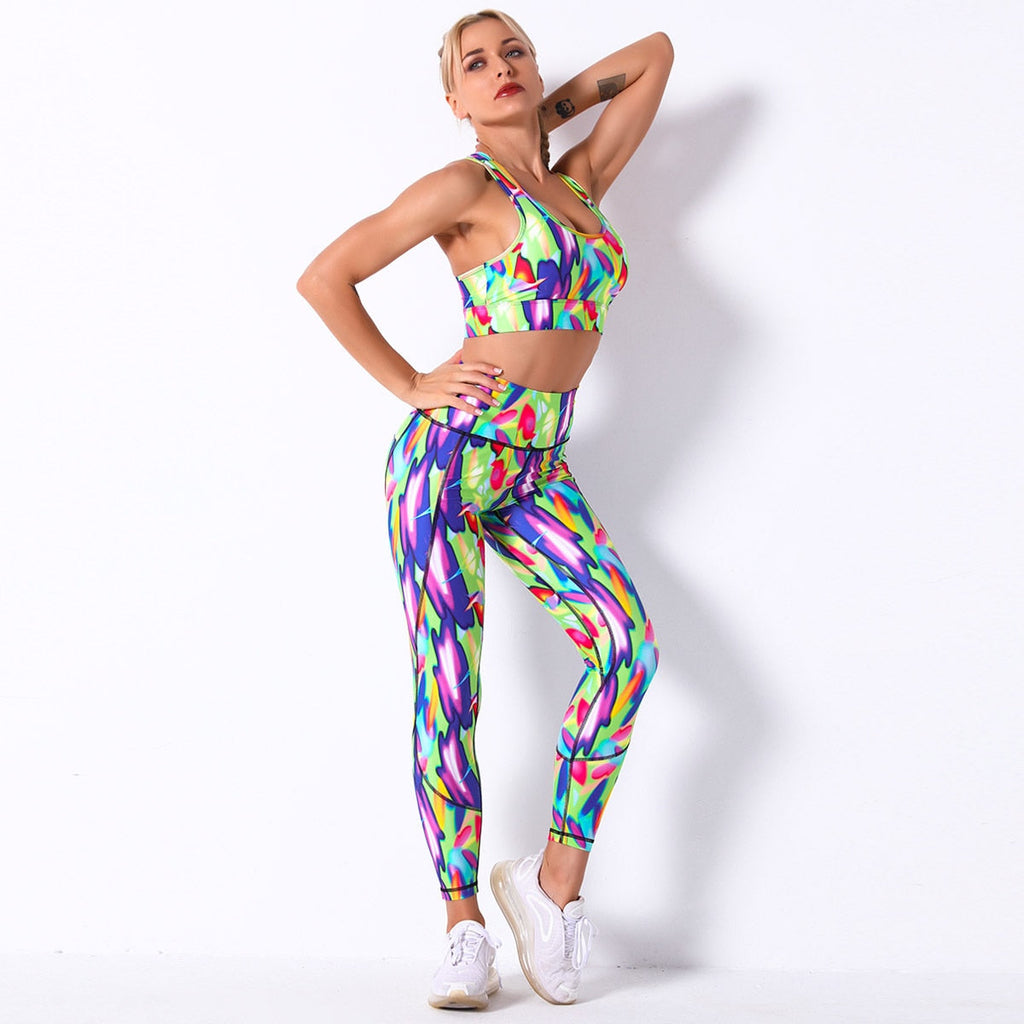 Seamless Floral Print Gym Yoga Set Fashion Fitness Vest Crop Top Leggings Suit Push Up Workout Training Running Energy Clothing - GilloServ