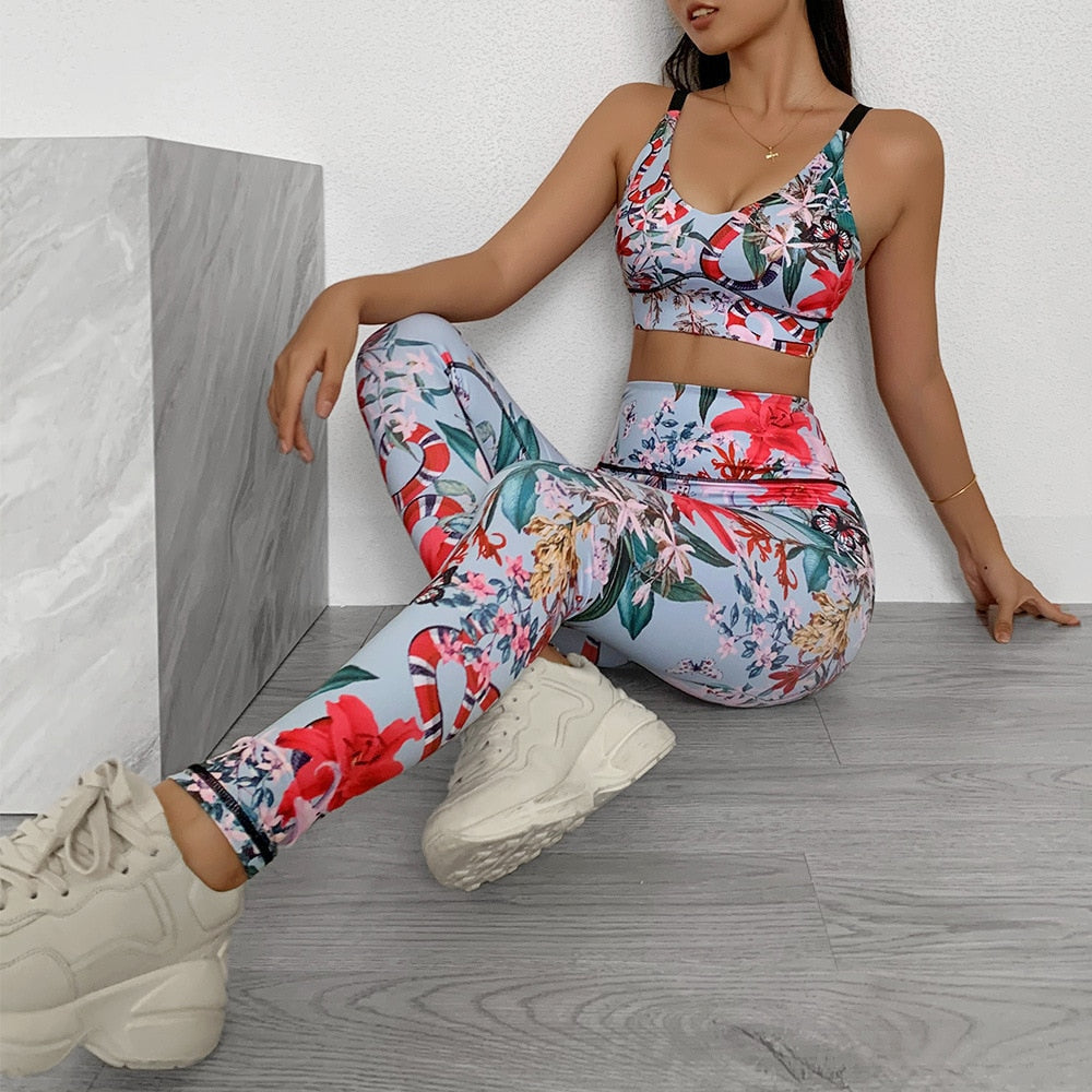 Seamless Floral Print Gym Yoga Set Fashion Fitness Vest Crop Top Leggings Suit Push Up Workout Training Running Slim Clothing - GilloServ