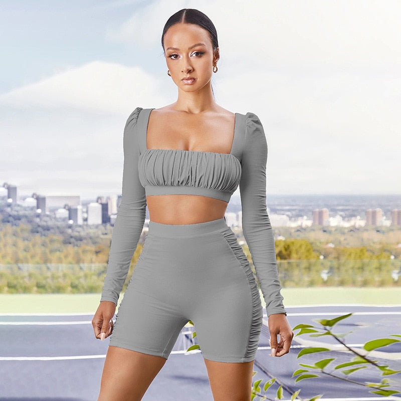 Solid Sportswear Pleated Yoga Set Gym Fitness Tracksuit Long Sleeve Rushed Crop Top Shorts Suit Outdoor Sports Workout Suit - GilloServ