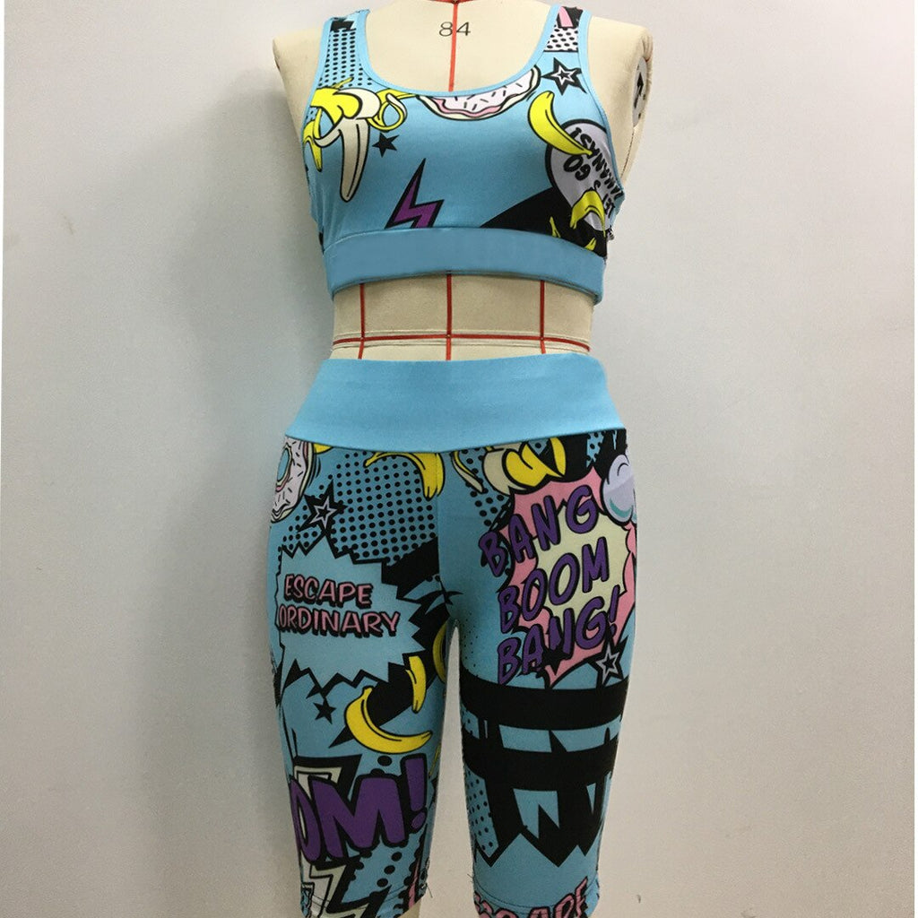Seamless Print Gym Yoga Suit Fashion Vest Crop Top Shorts - GilloServ