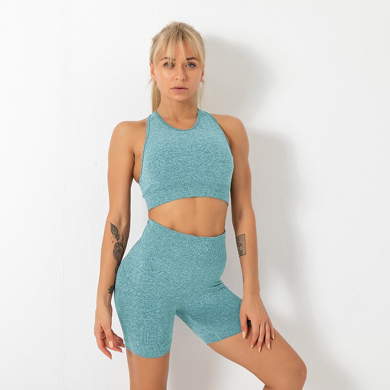 Seamless Solid Yoga Set Gym Clothing Fashion Tank Crop Top Shorts Sports Suit Push Up Workout Training Running Dance Tracksuit - GilloServ