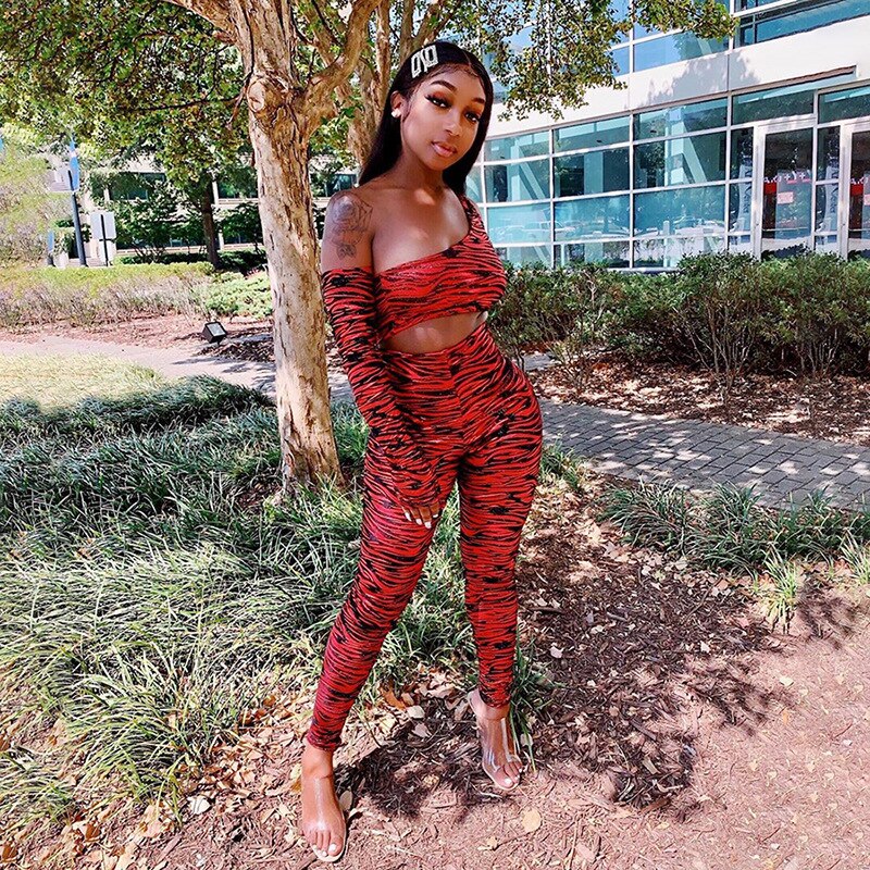 Print One Shoulder Sportswear Set For Women - GilloServ