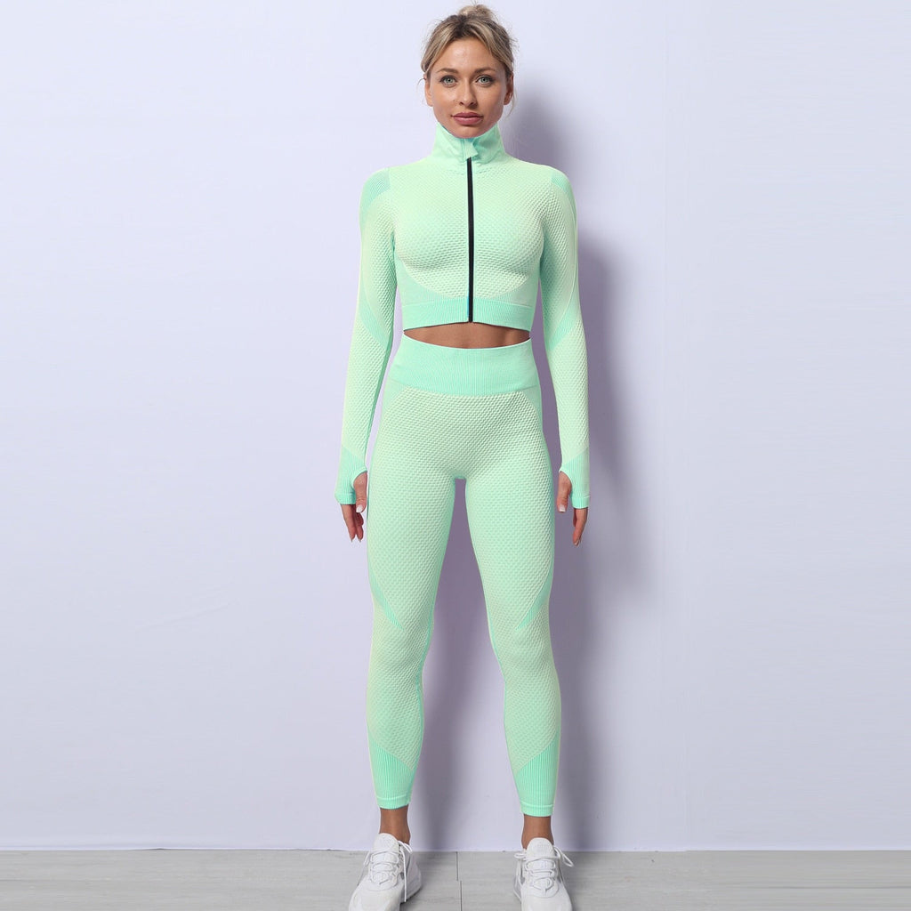 Women Yoga 2/3PCS Seamless Zipper Yoga Suit GYM Workout - GilloServ