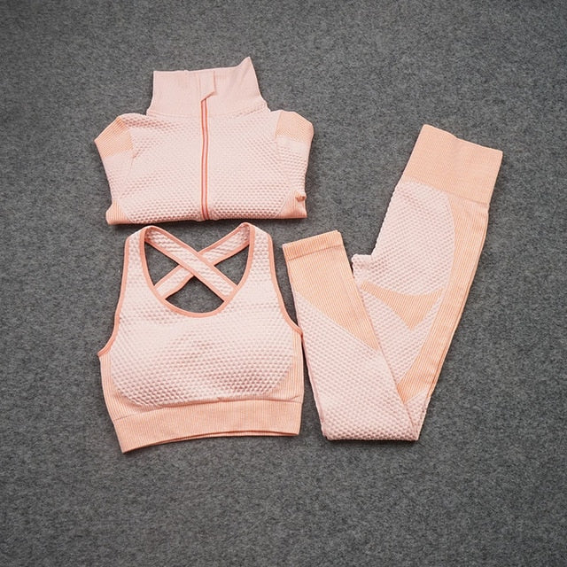 Women Yoga 2/3PCS Seamless Zipper Yoga Suit GYM Workout - GilloServ