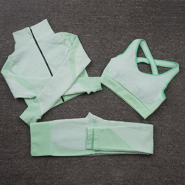 Women Yoga 2/3PCS Seamless Zipper Yoga Suit GYM Workout - GilloServ