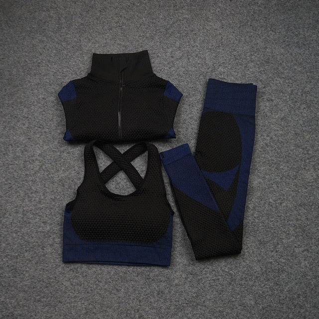 Women Yoga 2/3PCS Seamless Zipper Yoga Suit GYM Workout - GilloServ