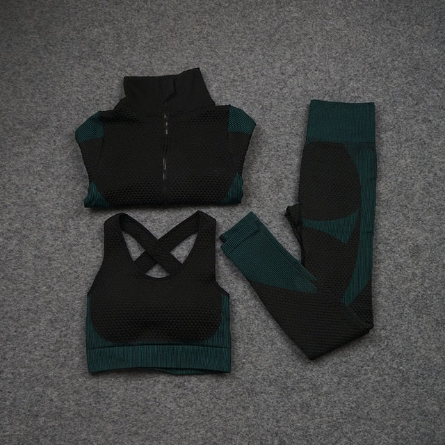 Women Yoga 2/3PCS Seamless Zipper Yoga Suit GYM Workout - GilloServ