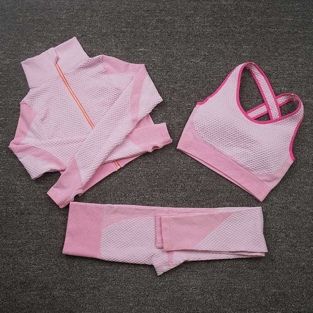 Women Yoga 2/3PCS Seamless Zipper Yoga Suit GYM Workout - GilloServ