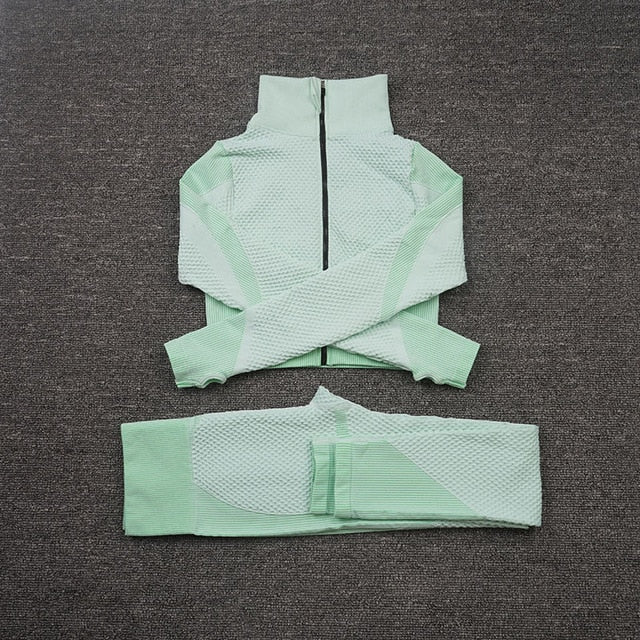 Women Yoga 2/3PCS Seamless Zipper Yoga Suit GYM Workout - GilloServ