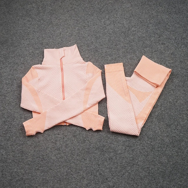 Women Yoga 2/3PCS Seamless Zipper Yoga Suit GYM Workout - GilloServ