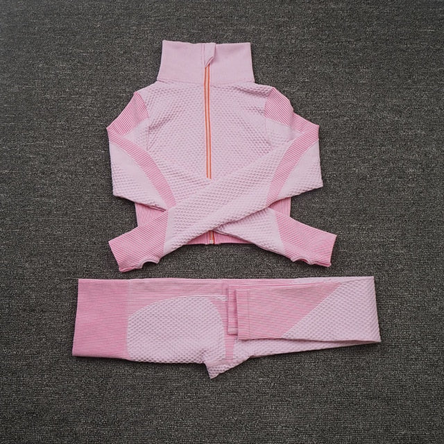 Women Yoga 2/3PCS Seamless Zipper Yoga Suit GYM Workout - GilloServ