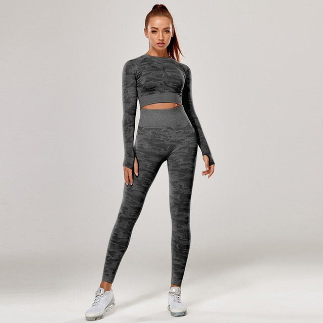Yoga Set 2 Piece Sport Outfits Gym Activewear Long Sleeve Crop Top + Yoga Pants Running Leggings Suits Workout Tracksuits - GilloServ
