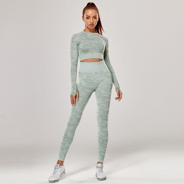 Yoga Set 2 Piece Sport Outfits Gym Activewear Long Sleeve Crop Top + Yoga Pants Running Leggings Suits Workout Tracksuits - GilloServ