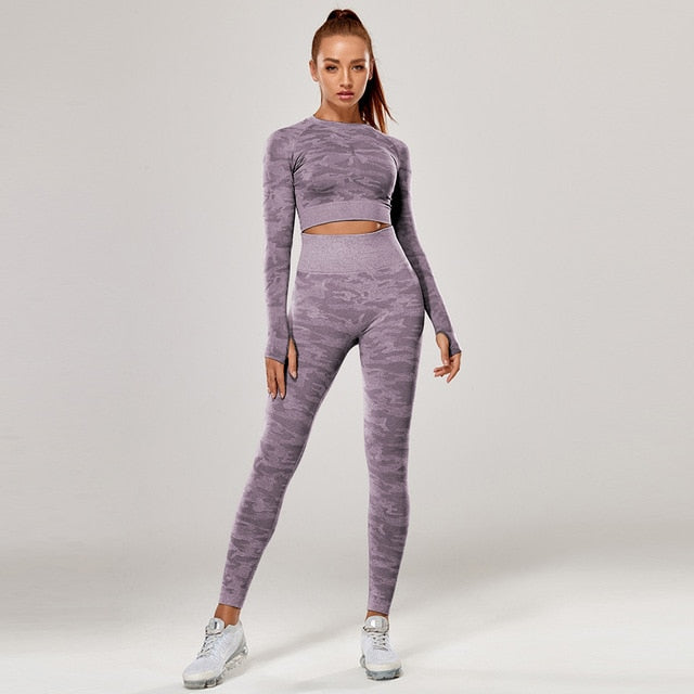 Yoga Set 2 Piece Sport Outfits Gym Activewear Long Sleeve Crop Top + Yoga Pants Running Leggings Suits Workout Tracksuits - GilloServ