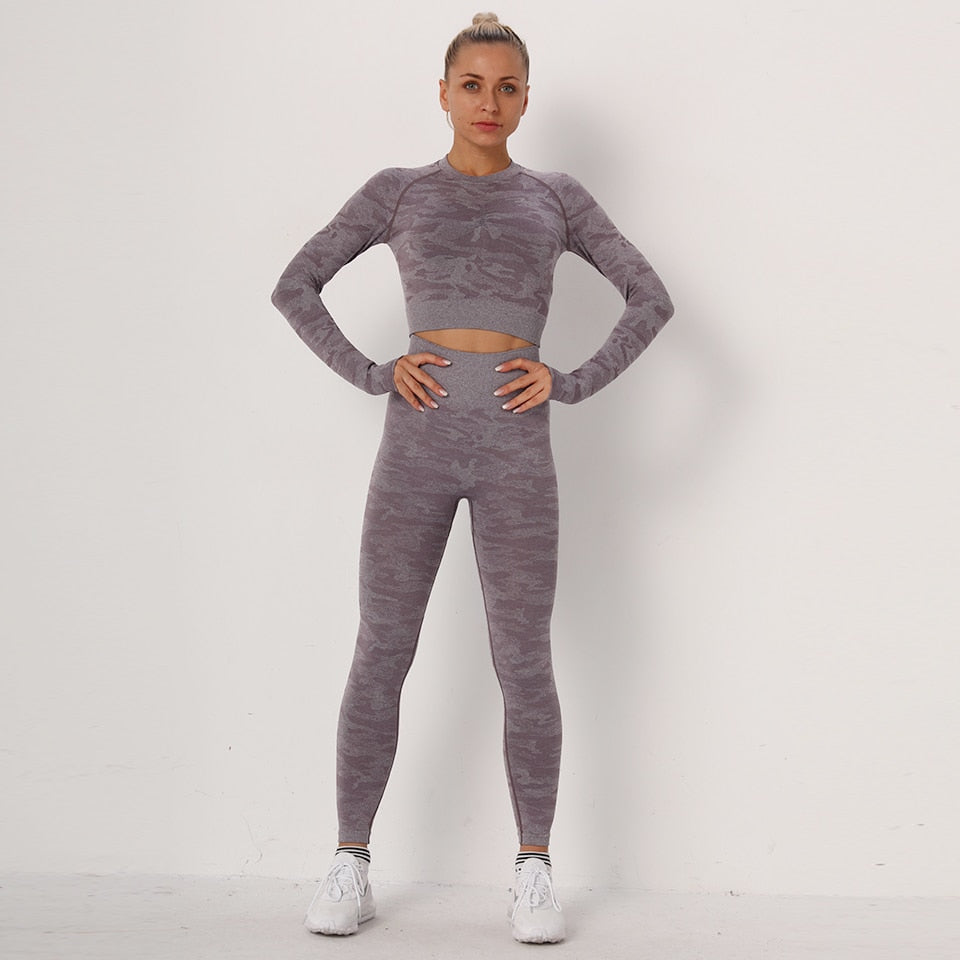Yoga Set 2 Piece Sport Outfits Gym Activewear Long Sleeve Crop Top + Yoga Pants Running Leggings Suits Workout Tracksuits - GilloServ