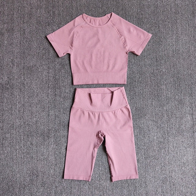 Seamless Yoga Set Women 2pcs Crop Top T-shirt High Waist Shorts Gym Clothes Sport Suit Workout Outfit Sport Wear - GilloServ