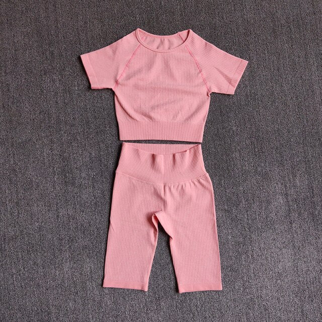 Seamless Yoga Set Women 2pcs Crop Top T-shirt High Waist Shorts Gym Clothes Sport Suit Workout Outfit Sport Wear - GilloServ