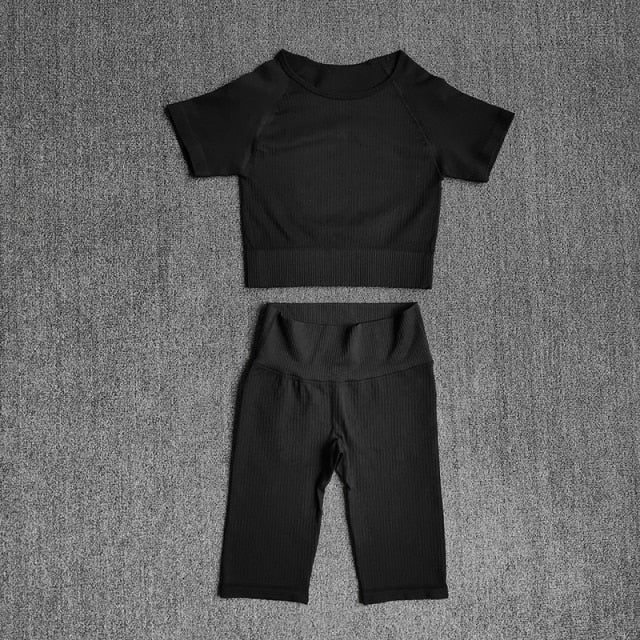 Seamless Yoga Set Women 2pcs Crop Top T-shirt High Waist Shorts Gym Clothes Sport Suit Workout Outfit Sport Wear - GilloServ