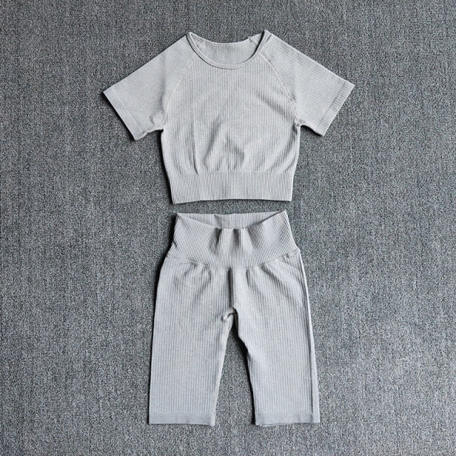 Seamless Yoga Set Women 2pcs Crop Top T-shirt High Waist Shorts Gym Clothes Sport Suit Workout Outfit Sport Wear - GilloServ