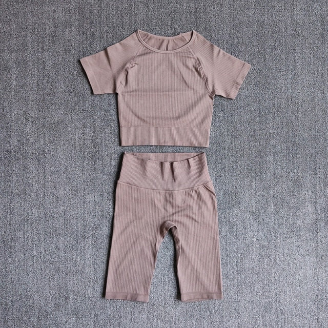 Seamless Yoga Set Women 2pcs Crop Top T-shirt High Waist Shorts Gym Clothes Sport Suit Workout Outfit Sport Wear - GilloServ