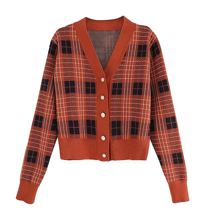 Vintage V-Neck Long Sleeve Women Plaid Sweater - GilloServ
