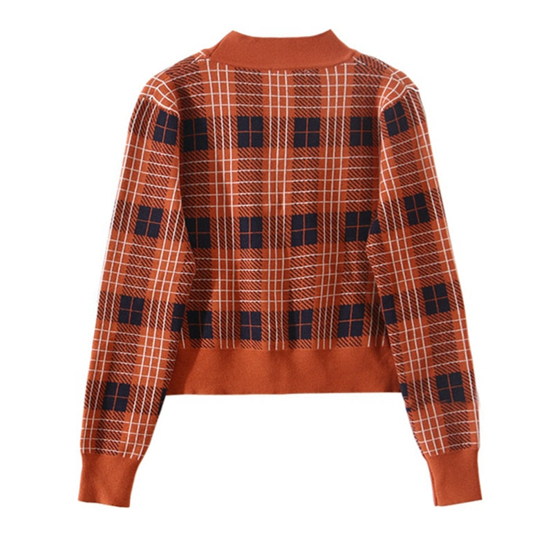 Vintage V-Neck Long Sleeve Women Plaid Sweater - GilloServ