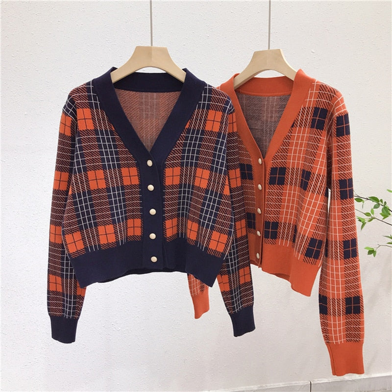 Vintage V-Neck Long Sleeve Women Plaid Sweater - GilloServ